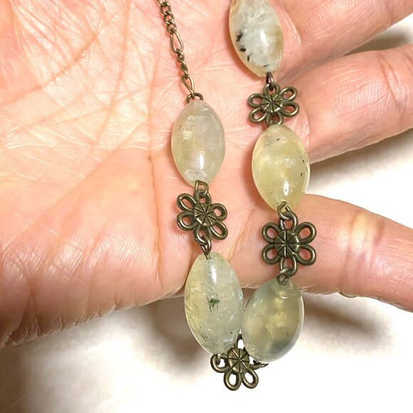 Natural Green Prehnite Necklace, Genuine Gemstones & Bronze Flower Chain - Picture 11 of 12
